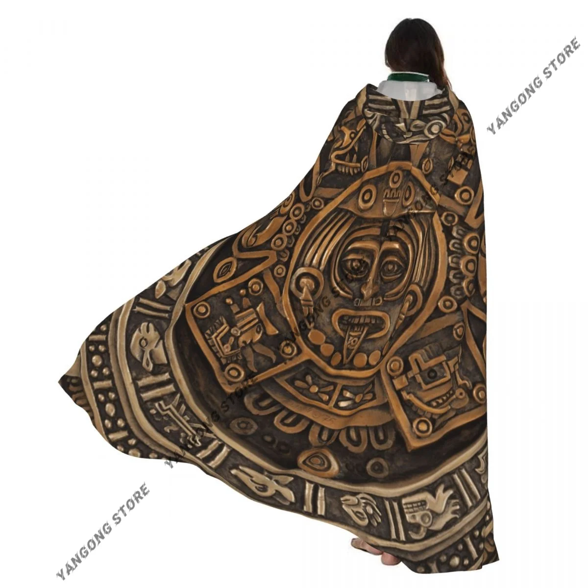 

Adult Halloween Ancient Aztec Calendar Cloak Cape Hooded Medieval Costume Full Length Dress Coat