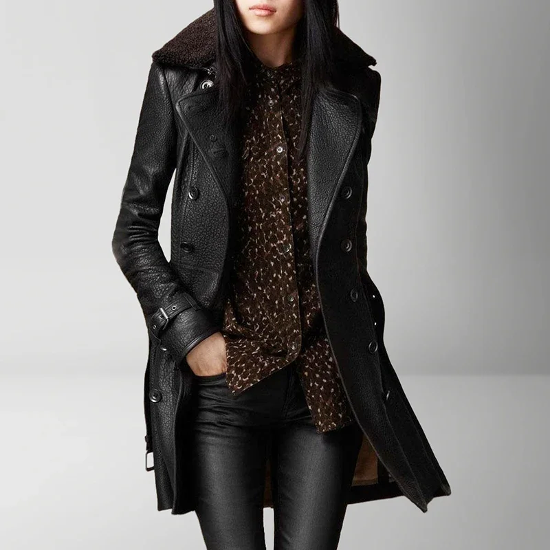 سترة جلدية نسائية ذات ياقة من الفرو متوسطة الطول على الطراز البريطاني سميكة موتو موشن ستريت طويل نمط مستقيم قطع معطف نسائي