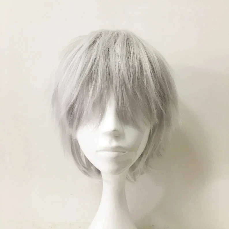 Unisex Silver White Layers Short Hair Long Bangs Boy Cosplay Anime Wig