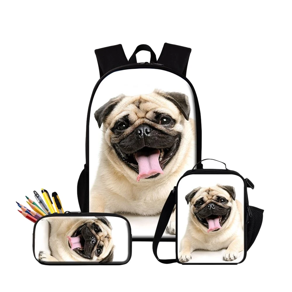 Pug anjing lucu 3 buah/Set ransel gambar hewan 3D tas sekolah untuk Remaja Mahasiswa kotak makan siang tas pensil ransel anak-anak