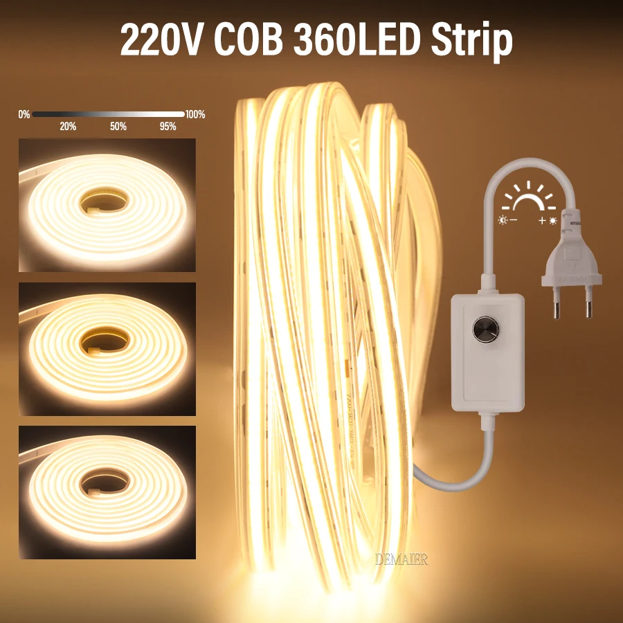 

COB LED Strip 220V Dimming/Switch EU Plug 360LEDs/m 3000k 4000k 6000k RA90 Outdoor Garden LED Tape Bedroom Kitchen Lighting