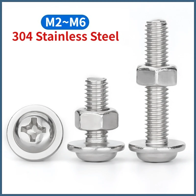 M2 M2.5 M3 M4 M5 M6 A2 304 Stainless Steel Phillips Flanged Button Head Machine Screws and Hexagon Full Nuts Combination Set