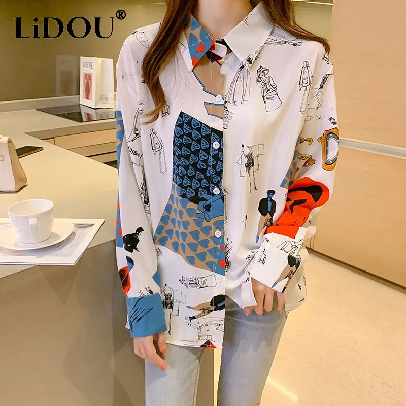 

2023 New Long Sleeve Shirt Women Spring Autumn Fashion POLO Collar Printing Single Breasted Coat Ladies Thin Style Elegant Tops