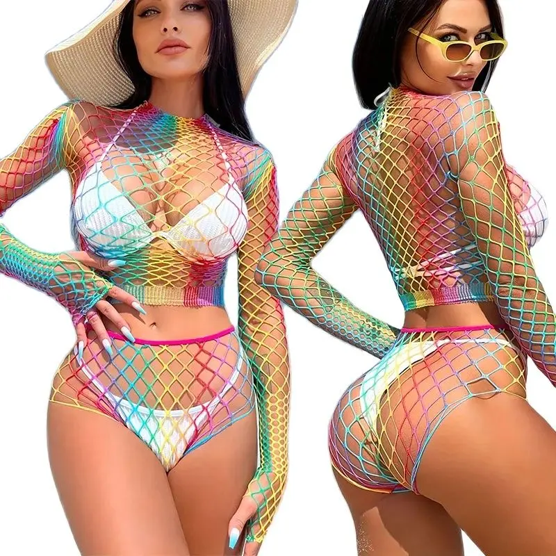 Fishnet Mesh Tights Erotic Nightwear Lingerie Long Sleeve Top & Skirt Set Hollow Out Rainbow Fishnet Mesh Bodystockings