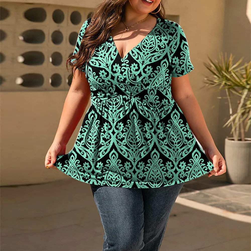 Plus Size 2024 Mode Bloemenprint T-Shirts Voor Dames V-Hals Casual Tuniek Tops Dames Geplooide Blouse Vrouwelijke Kleding