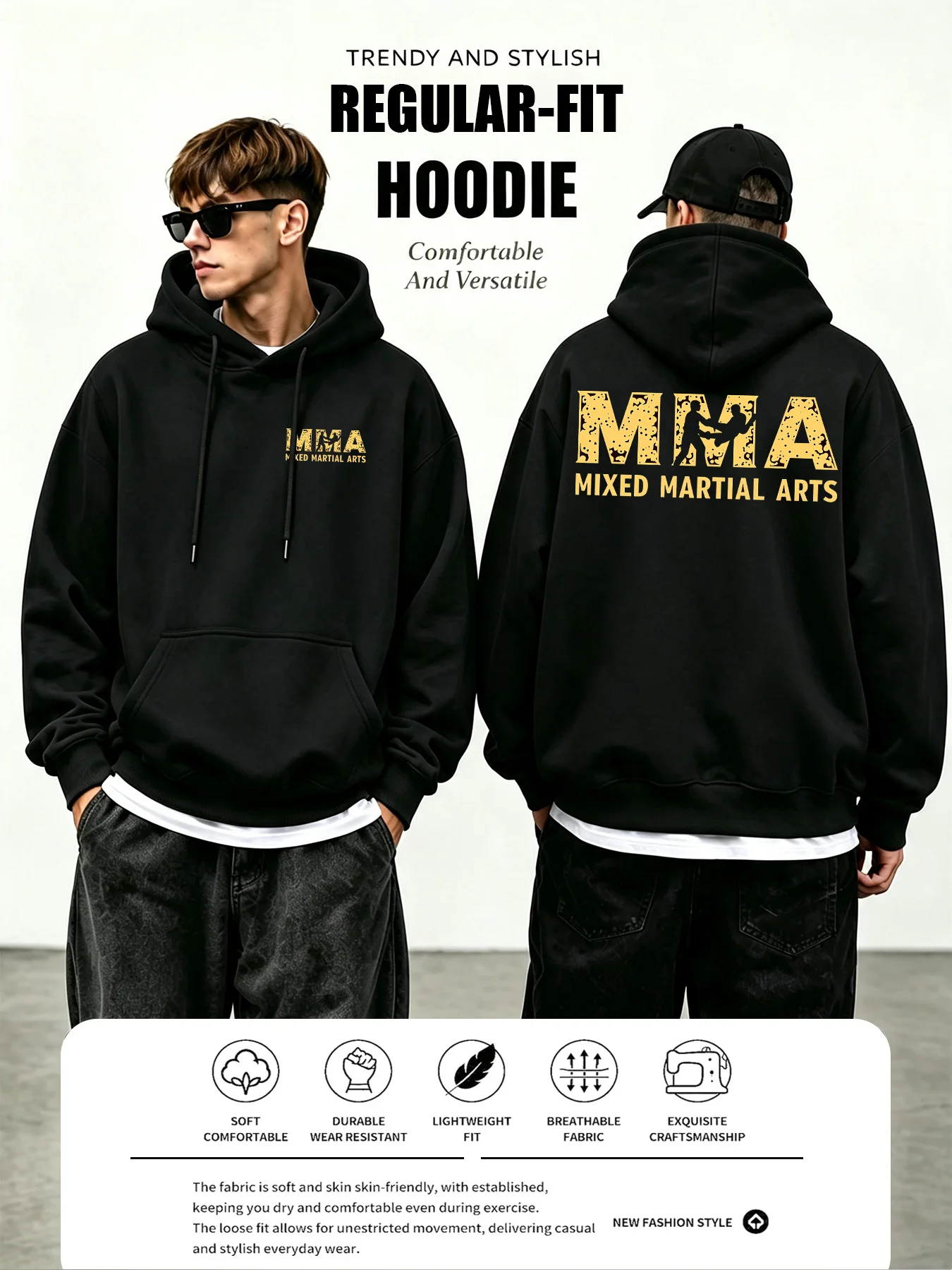 Men's Stylish MMA-Themed Hoodie –Double-Sided Gold Logo Print – Fall/Winter Pullover –Hardcore Combat Style – Unisex Casual Wear