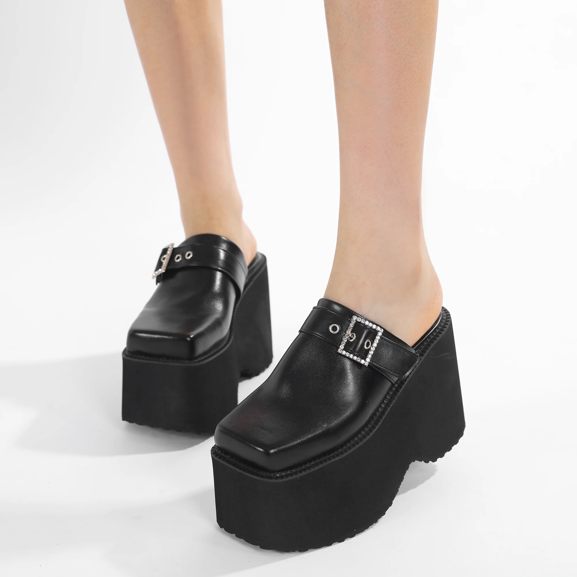Gdgydh Rhinestone Wedges mules shoes Women high heel pumps Fashion slipper platform Sandals Comfortable Square toe Summer Shoes