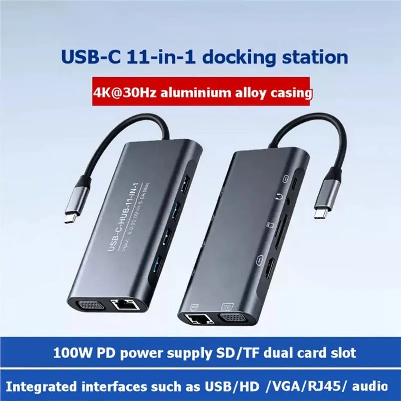 A09R 11-In-1 USB-C HUB Docking Station 100W PD RJ45 100Mbps Ethernet Port 4K HD TF Card Slots For Win/Linux/Android