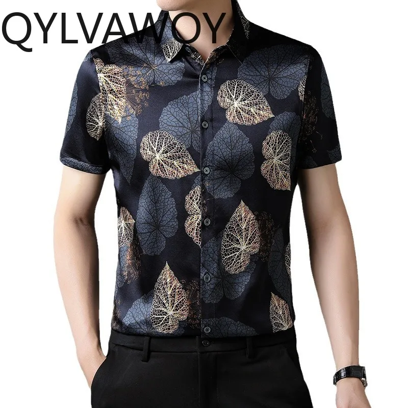 

QYLVAWOY 93% Mulberry Silk Men's Shirts Floral Shirt Premium Casual Tops Short Sleeve Shirts for Man Menswear Clothing Fashion