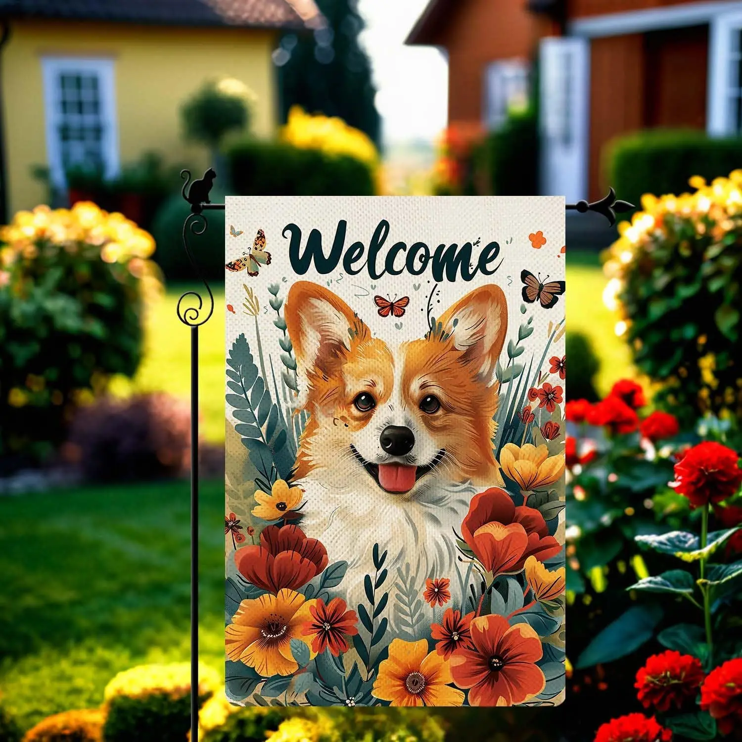 Gormcore Welcome Cute Happy Corgi Amidst Flowers with Butterflies Illustrative Style Spring Summer Garden Flag Vertical Double S