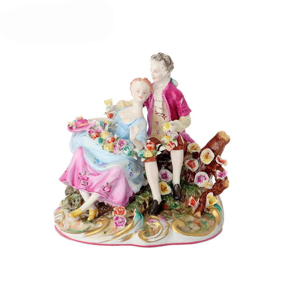 18th Century French Baroque Handmade Antique Porcelain Lovers Show Love Statue Sculpture Kneel and Send Flowers.