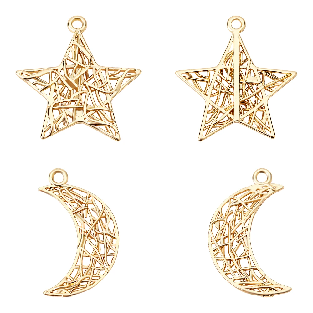 1box 16pcs 2 style Brass Pendants Long-Lasting  Star Moon    20x18.5x1.5mm Hole: 1.4mm