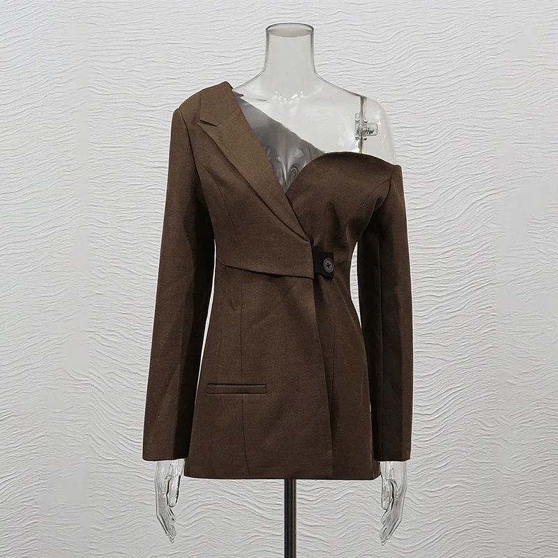 EAEOVNI Designer Mode Blazer Jas Vrouwen V-hals Off Schouder Knop Patchwork Onregelmatig Ontwerp Bovenkleding Jas Nieuwe Kleding