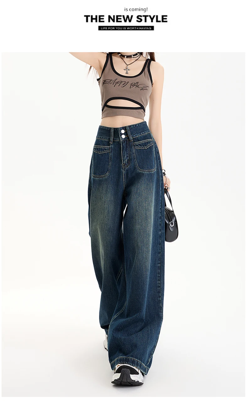 

Женские синие двубортные джинсовые рабочие брюки в стиле ретро, модные американские свободные прямые широкие брюки Y2k 2021, широкие брюки в пол