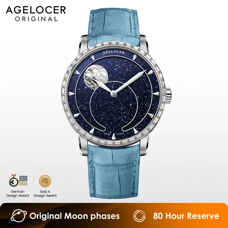 Agelocer-機械式自動時計,月の満ち欠け,天文学の時計,青いアベンチュリンダイヤル,高級時計,誕生日プレゼント