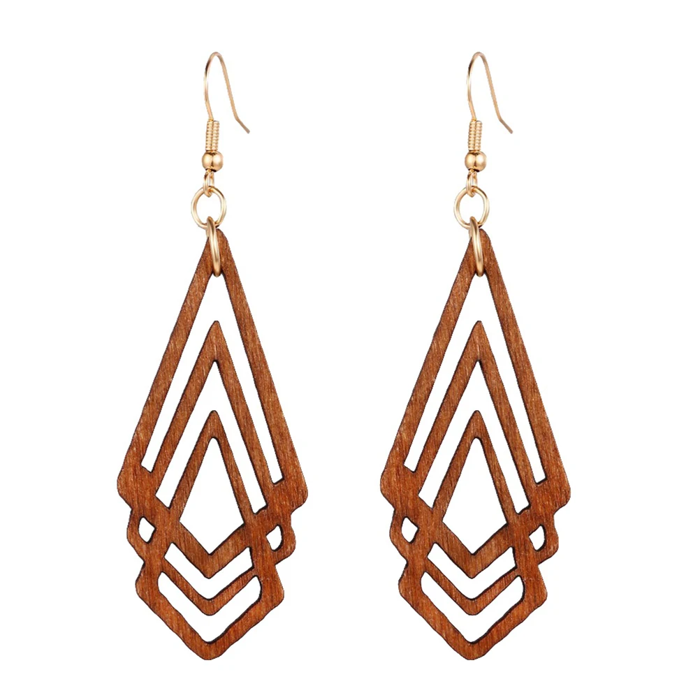 

Rhombus Wood Earrings Hollow Out Earbob Dangle Decoration Wooden Coffee Color Simple Unique Fashion Jewelry Gift