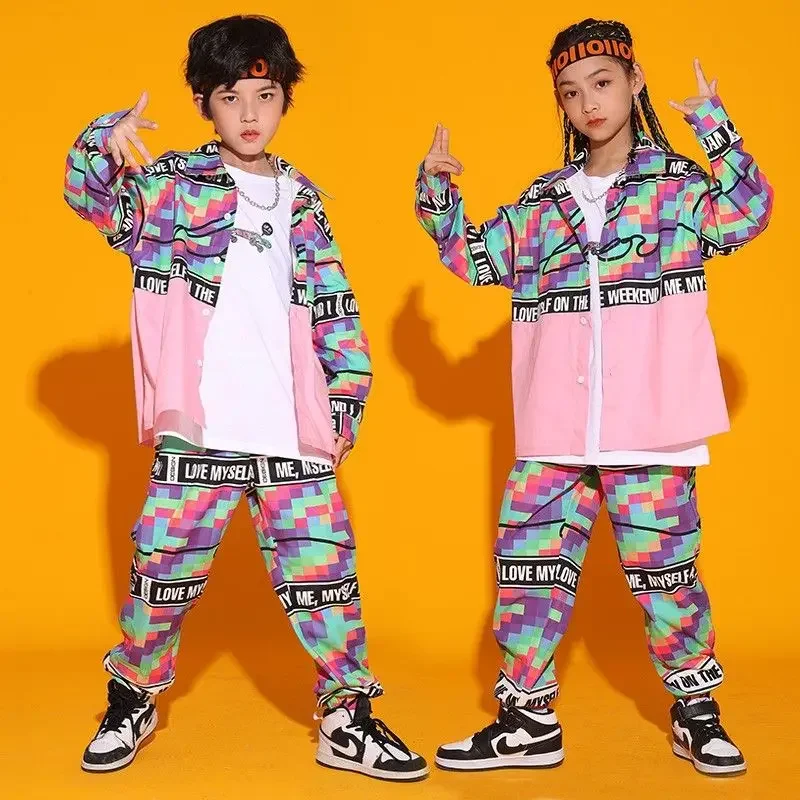 

Kid Cool Hip Hop Clothing Checkered Pink Shirt Top Print Casual Street Jogger Pants for Girl Boy Jazz Dance Costume Clothes Set