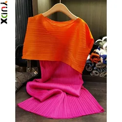 YUDX Miyake Pleated Dress For Women Contrasting Color Patchwork Round Necked Medium Long Spring Niche Design Female New 2024