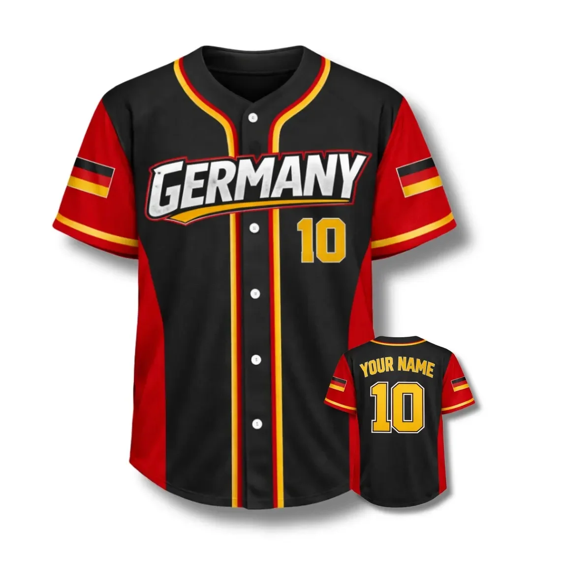 Camiseta de béisbol de Alemania con nombre y número personalizados, camiseta negra, roja y dorada, regalo para fanáticos, hombres y mujeres