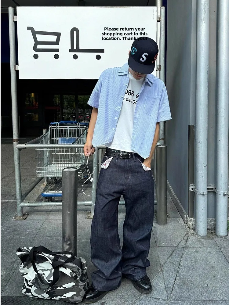 

Мужские джинсы свободного кроя с цветочным принтом в американском стиле, повседневные брюки в пол для весны и осени