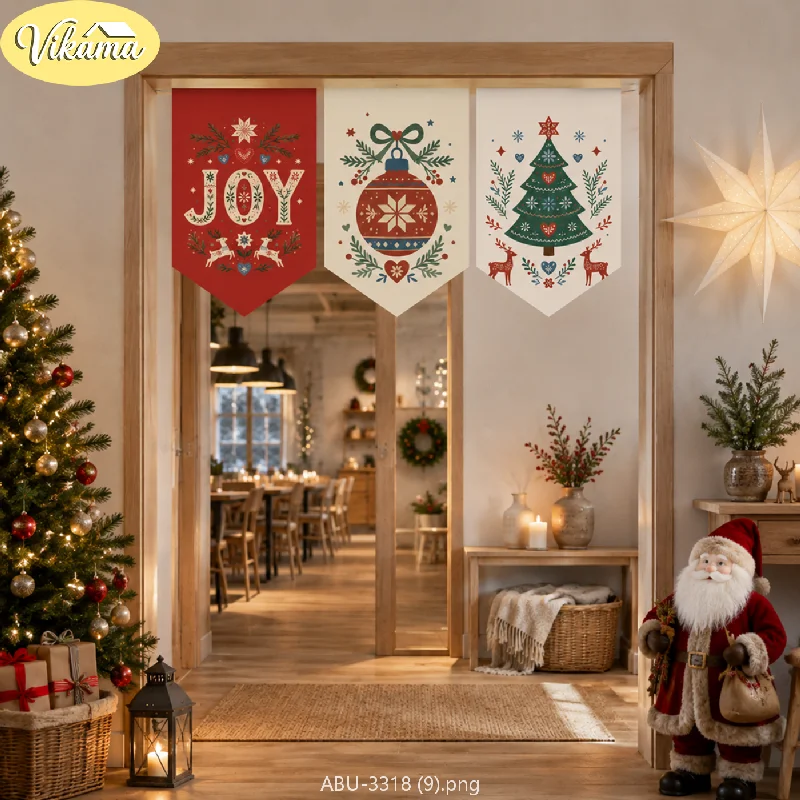 VIKAMA Christmas Triangle Bunting, Scandinavian Style Joy Christmas Tree Print Triangle Bunting, Christmas Party Home Decor