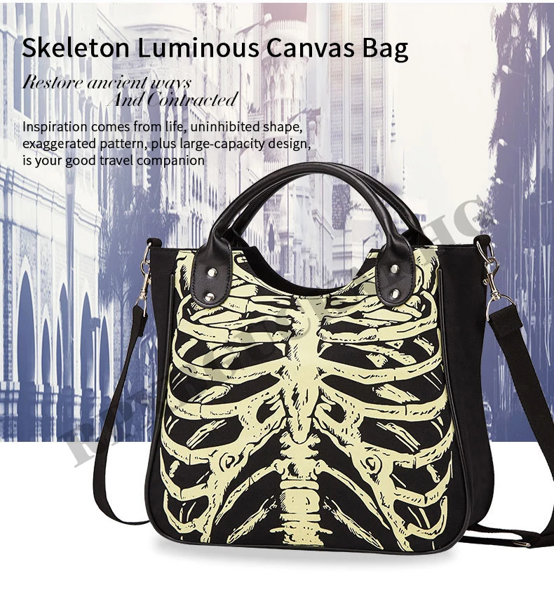 Luminous Gothic Skeleton Bones Skulls Bags Rock Designer Female Casual Totes Women Punk Bags Fashion Handbag