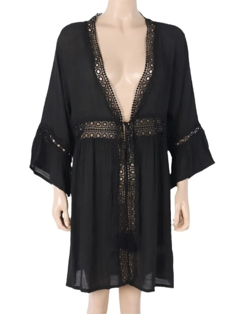 Summer Cover Ups Women Swimsuit Wrist Sleeve Robes Bathing Suit 2025 New White Beach Holiday Mini Dresses Cover-Up