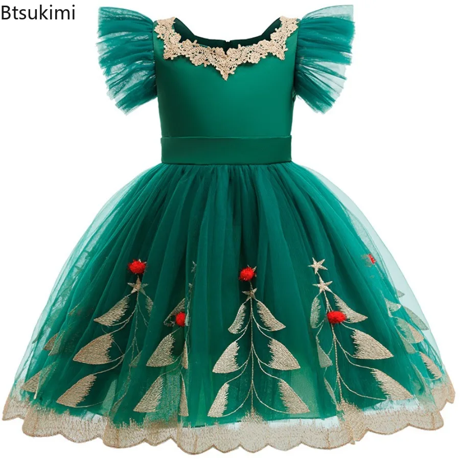 2026 Merry Christmas Girls Dress Green Cute Christmas Tree Mesh Fashion Gown Girls Princess Dress Party Costumes 3-10 Years Kids