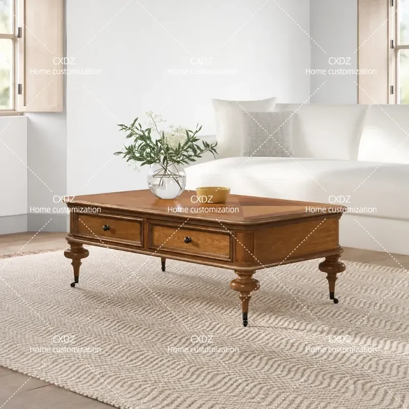 American Retro Solid Wood Parquet Coffee Table with Drawer French Simple Small Tea Table for Living Room Household Furniture