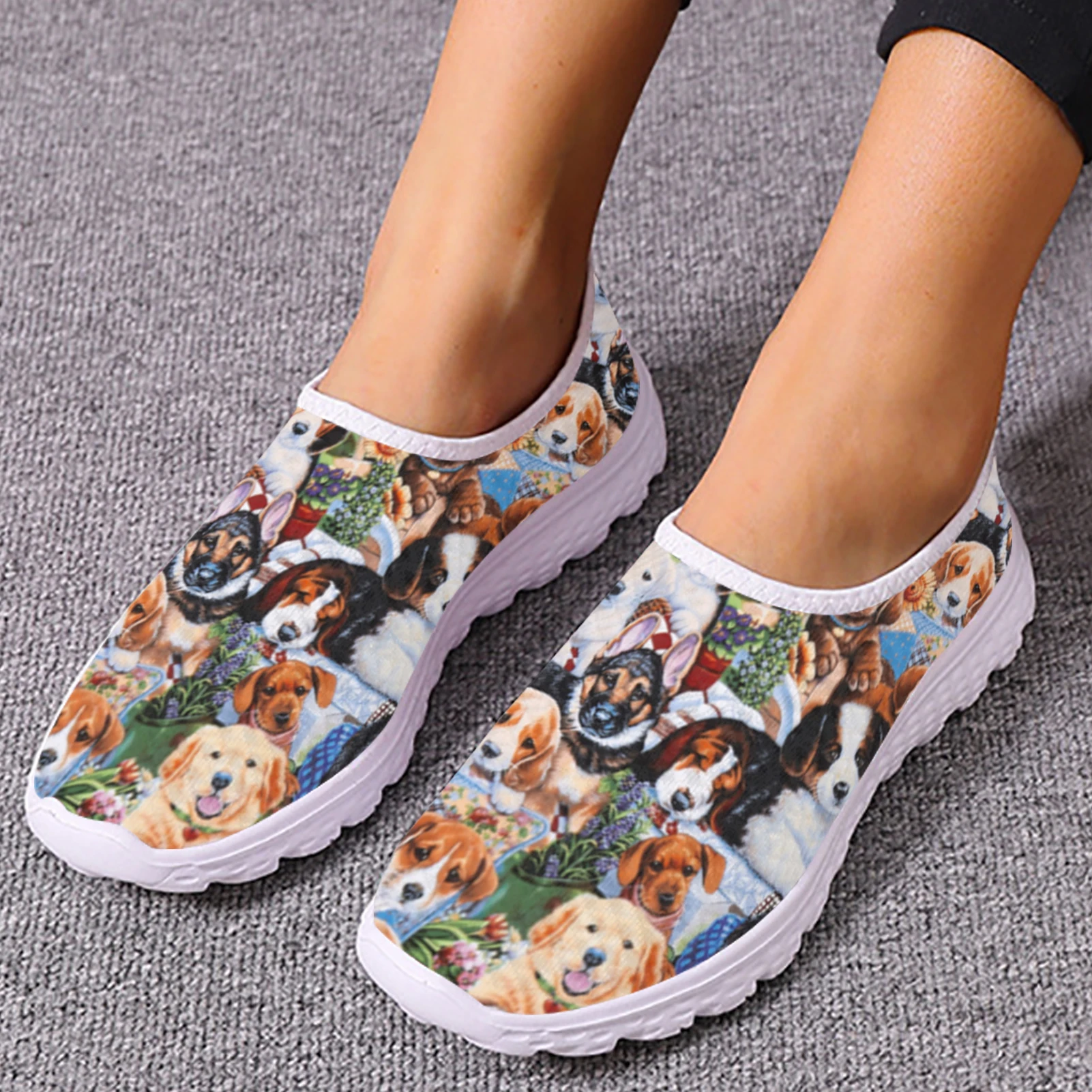 INSTANTARTS Breathable Air Mesh Sneakers For Women Cute Dogs Painting Print Female Flat Shoes Summer Soft Slip-on Loafers Hot