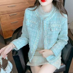 Rimcoy Korean Sweet Tweed Jacket for Women Fashion Pearls Decor Round Neck Dress Coats Woman Long Sleeve Chic Jackets Female