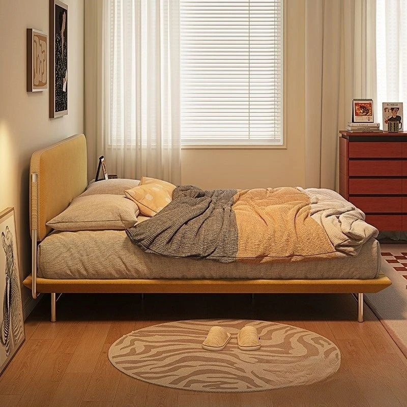 Modern minimalist, adjustable, ultra-thin bedside, cream medium antique, fabric double bed