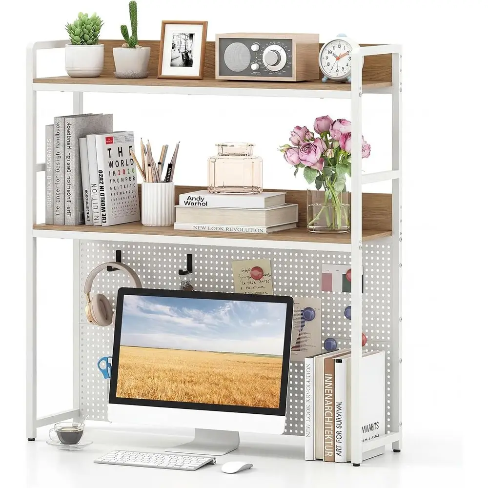 

2-Tier Desk Hutch with Pegboard, Monitor Stand, and Storage Rack for Home or Office (Natural)