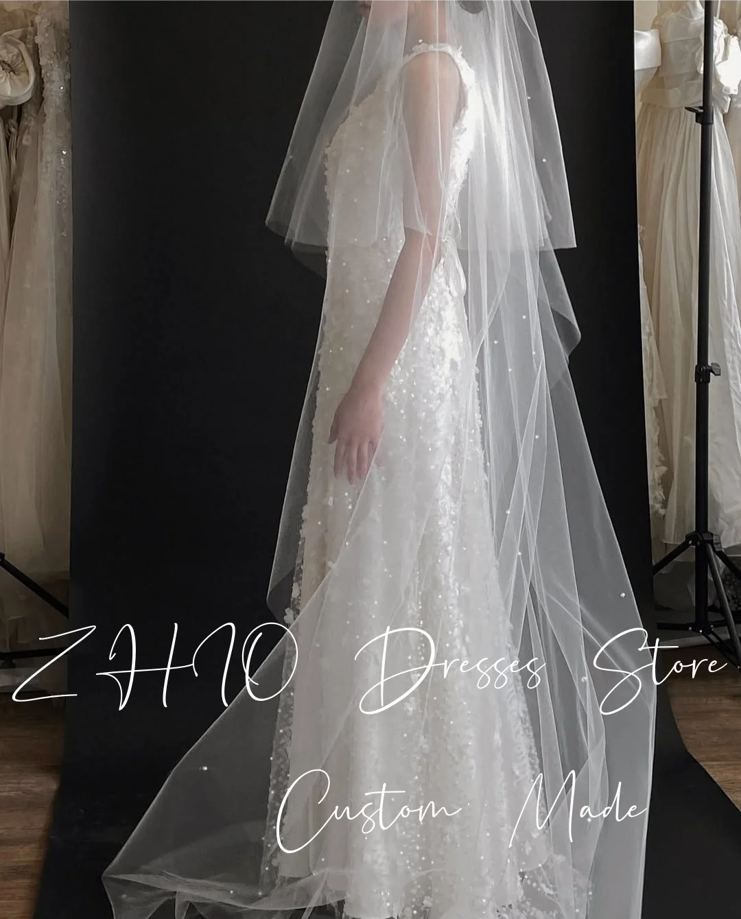 ZHIO 絶妙なアップリケのウェディングドレス O ネックノースリーブアイボリーサテン韓国写真撮影ブライダルドレスカスタマイズされたエレガント 웨딩드레스