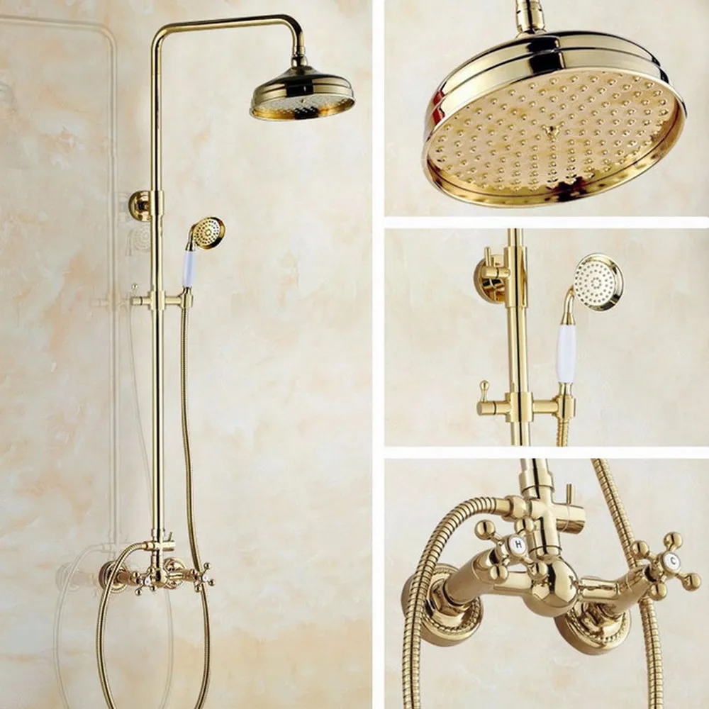 

8 Inch bathroom Gold Color Brass shower faucet wall mounted rain shower set with shower head and hand shower lgf331