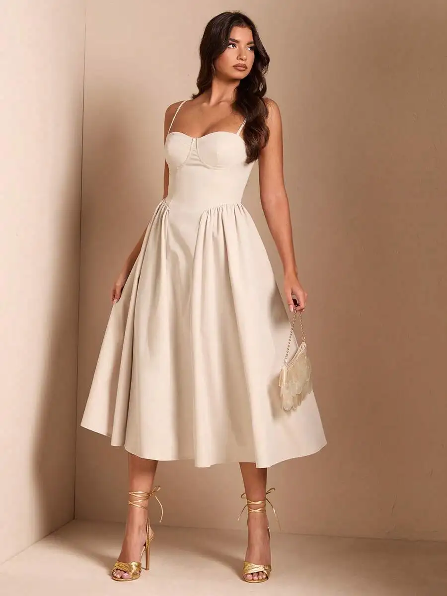 Elegant Cream Spaghetti Strap A-Line Midi Dress with Bustier Top