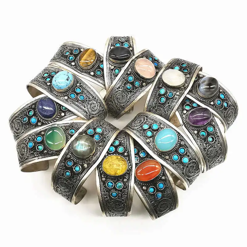 Tibetan Jewelry Copper Inlay Natural Stone Bead Wide Open Cuff Multi Stones 2024 Fashion Trend BB-019