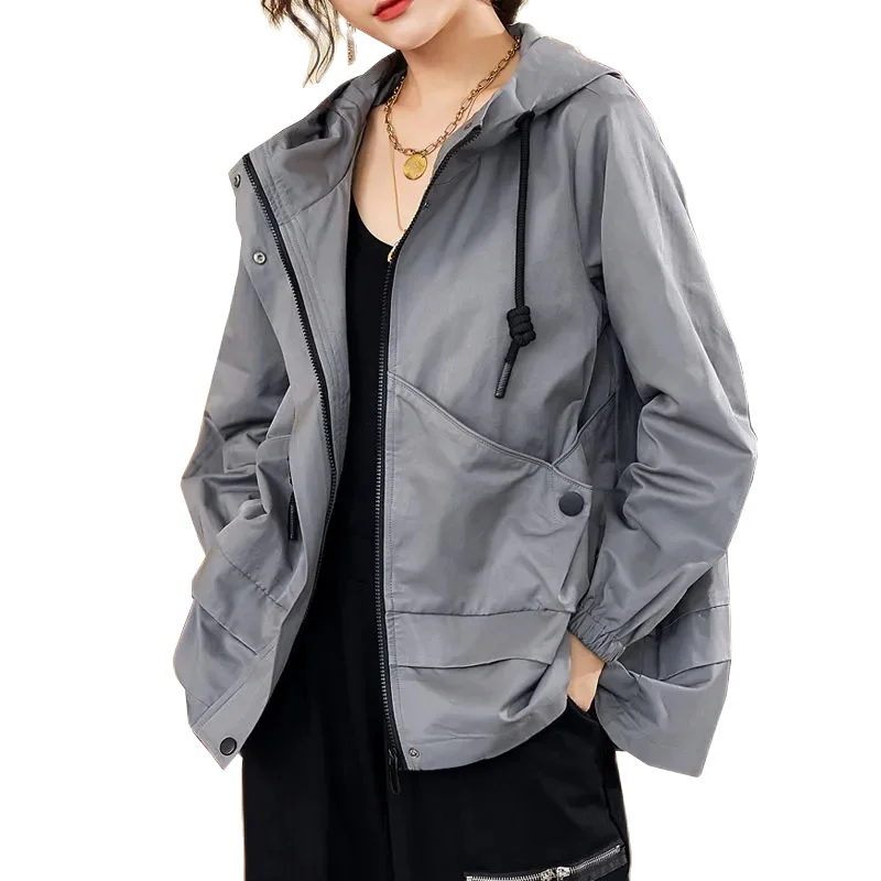 Women's Jacket Nice Pop Spring Autumn Long Sleeve Hooded Causal Windbreaker Famale Basic Jackets Pocket ZipperJackets Outwear