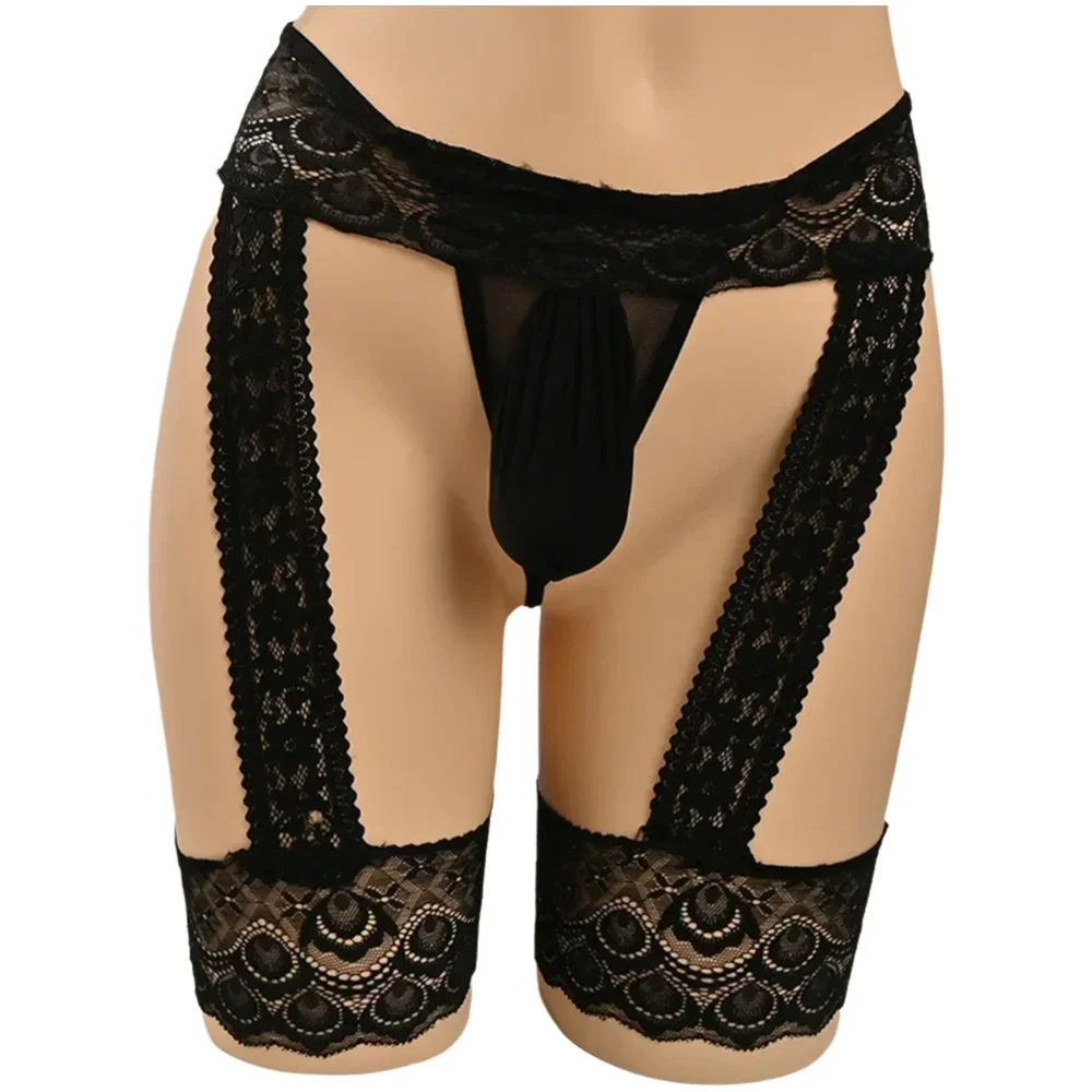 

Men Underwear Lingerie G-String Garter Belt Ultrathin Hollow Out See Through Boxers Sissy Pouch Panties Peni Sleeve Briefs