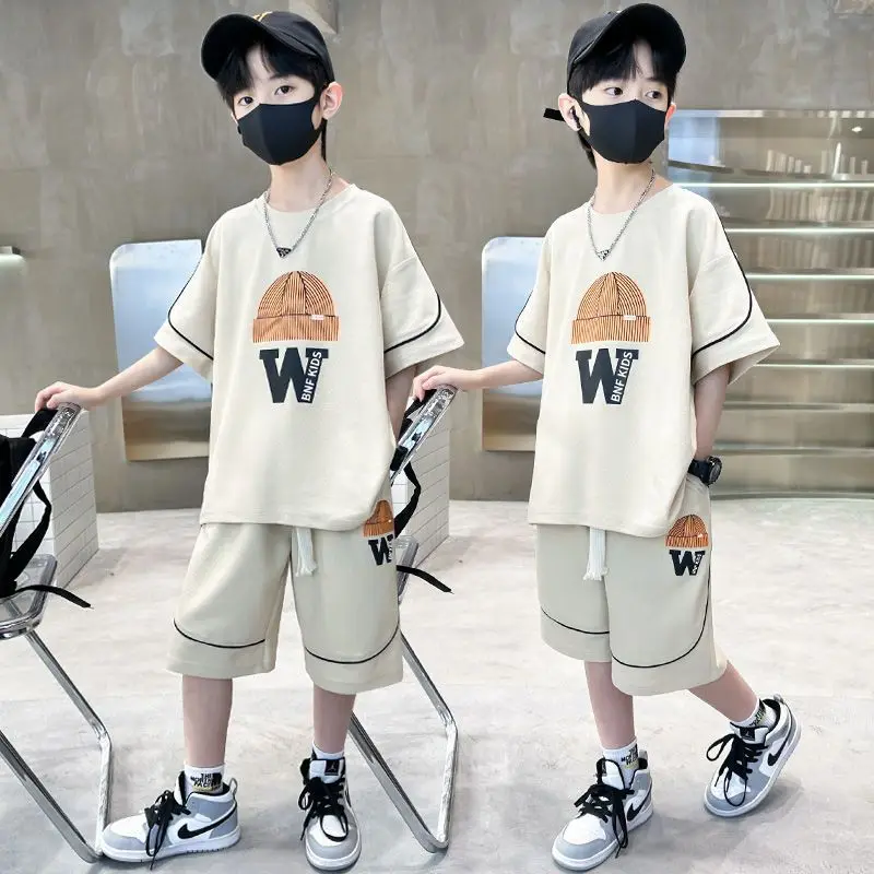 Boys Summer 2023 New Casual Shorts Sleeve Sleeveless T-shirts+Pants 2pcs Sets 5-14 Years Teenage Sportswear Children Outfits Set