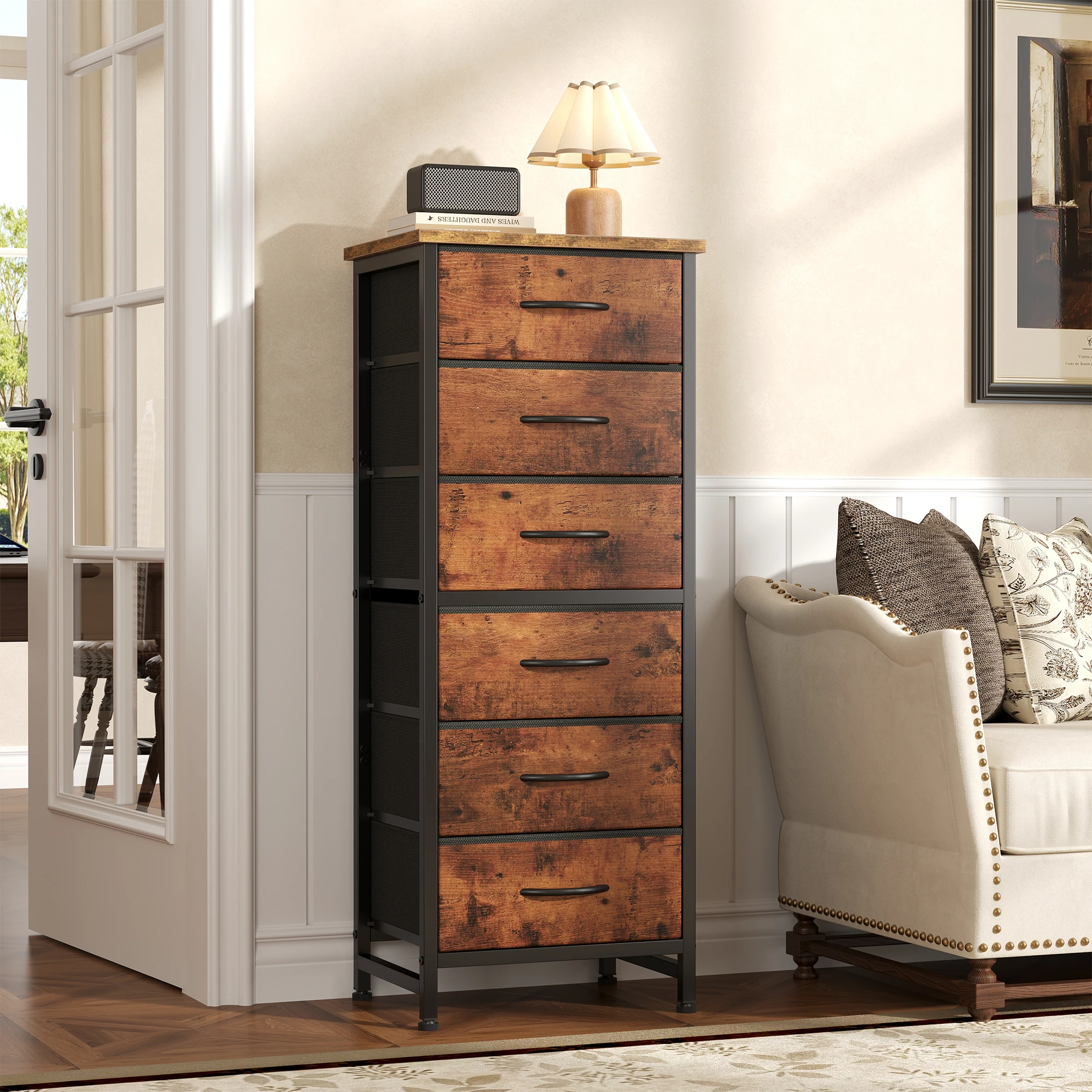 JHK Tall 6 Fabric Drawer Dresser  for Bedroom Wood Top and Metal Frame Skinny Chest of Drawers Narrow Storage Tower with Organization Furniture