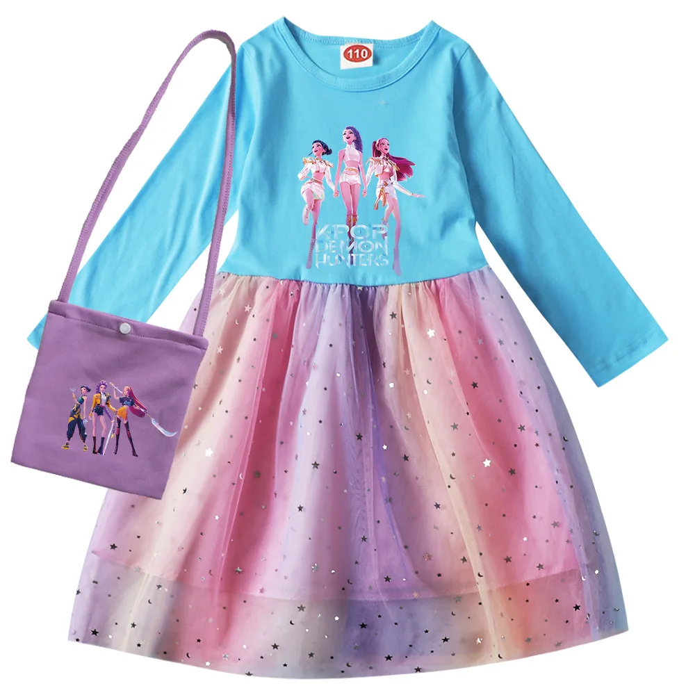 KPop شيطان الصيادين الاطفال ملابس طويلة الأكمام فساتين الفتاة القطن قوس قزح موضة كاملة في سن المراهقة الملابس ملابس للحفلات 3-12Y