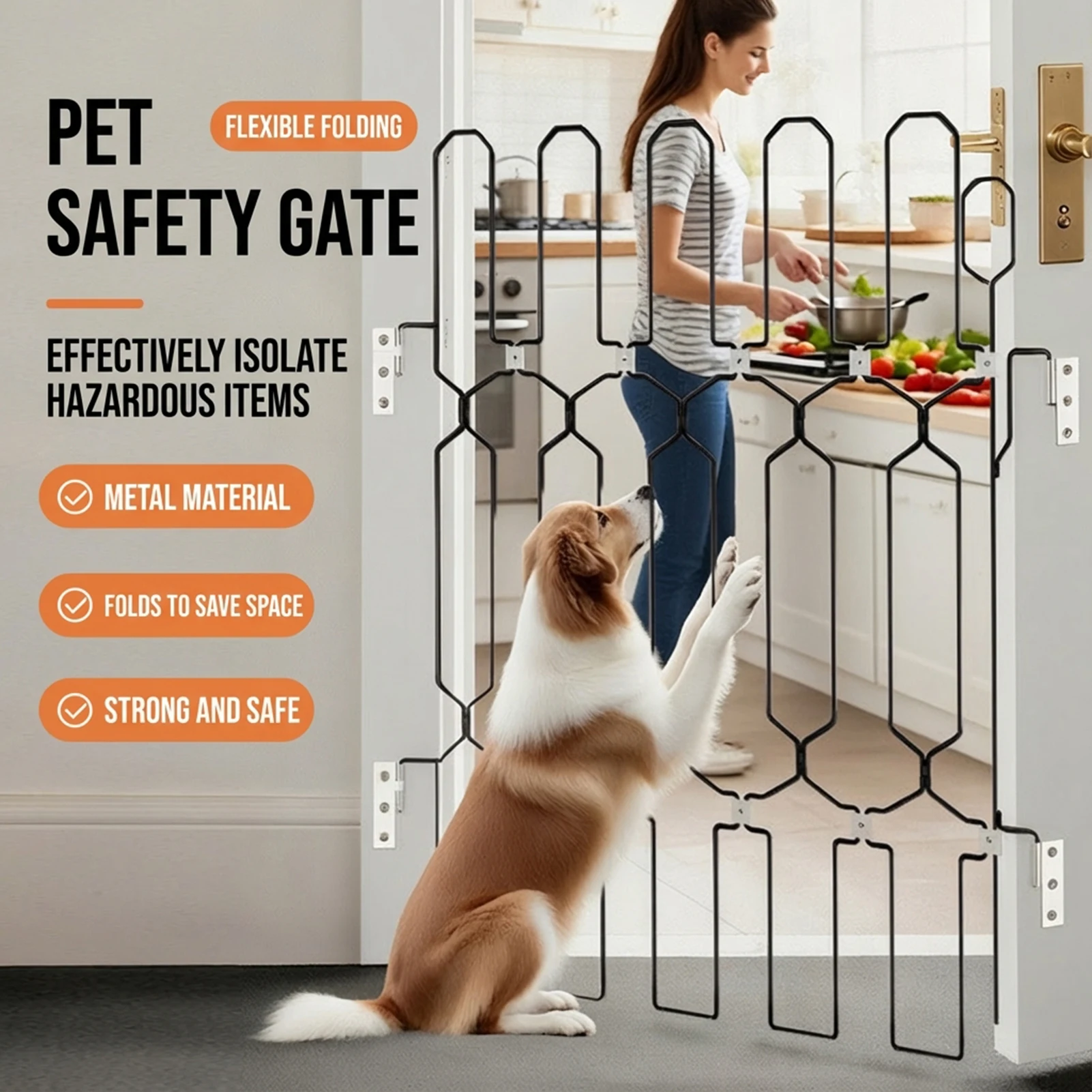 

Metal Folding Pet Fence Gate Indoor Retractable Pet Gate Barrier Durable Space Saving Fence For Home Doorways Hallways Stairs