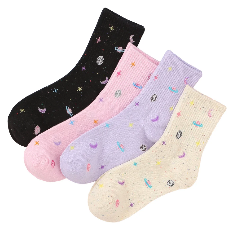 4 pares de calcetines Sky de algodón de tubo medio, calcetines cálidos transpirables con estampado para mujeres y niñas, medias de algodón de tubo medio