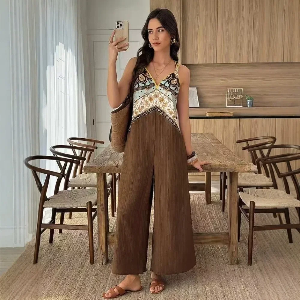 Women S Size Palace Print Textured Fabric Spaghetti Strap Camisole Jumpsuit Bohemian Loose Casual Vacation Soft Breathable
