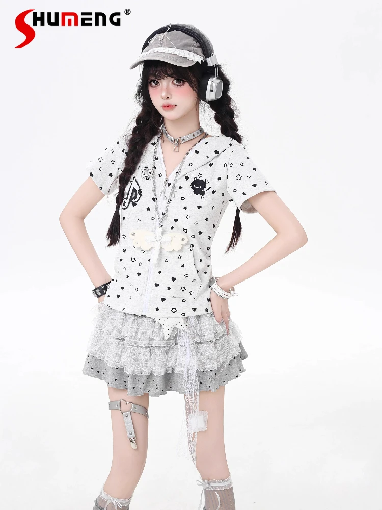 

Japanese Street Style Sweet Cool Subculture Y2K Tops Short Sleeve Hooded Cat Ear Star Print Zipper Slim T-Shirt Top Women Summer