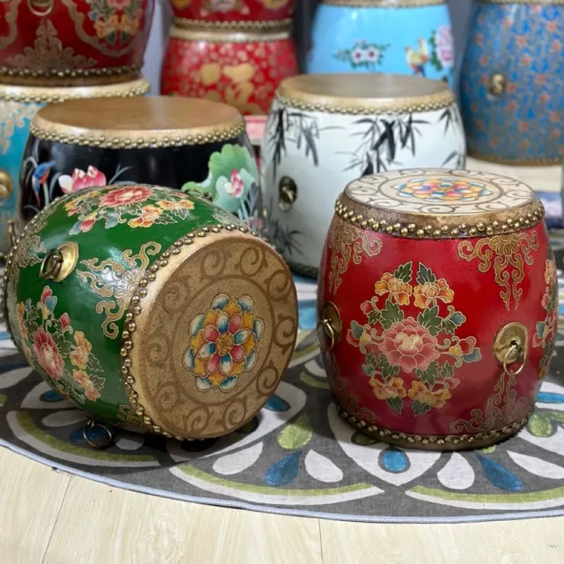 Chinese solid wood cowhide drum stool painted embroidered pier stool classical famous ethnic style round stool