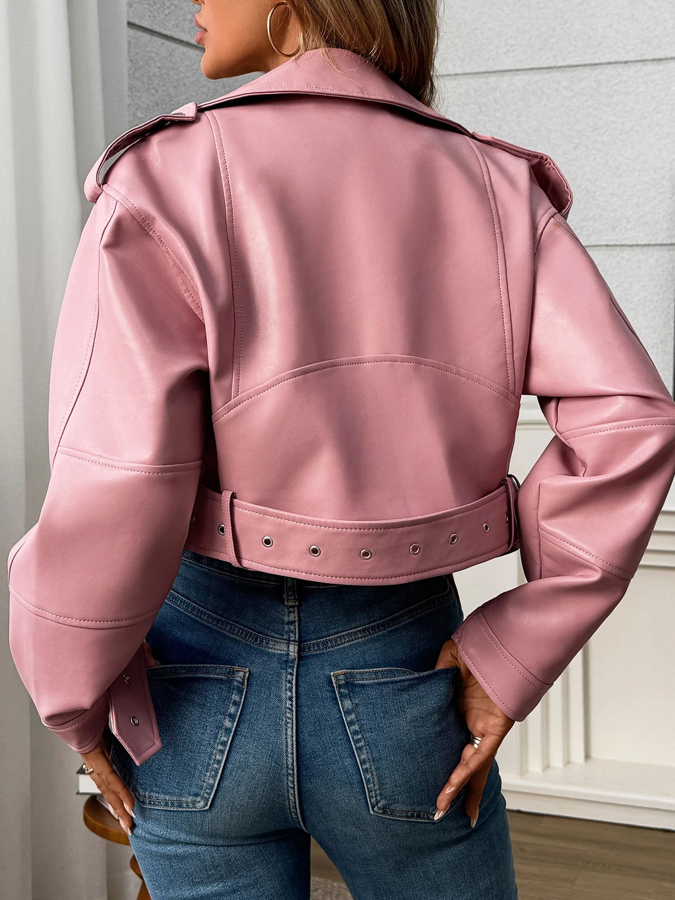 سترة Fitaylor النسائية المصنوعة من الجلد الصناعي مع طية صدر السترة للدراجات النارية من الجلد معطف وردي كاجوال