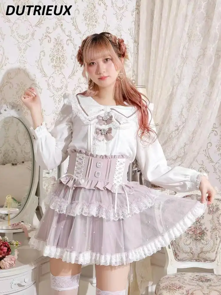 Japanese Mine Series Mass-produced Sweet Bow Ribbon Lace Tops Navy Collar Love Pullover Shirt and Short High-waisted Skirt Set