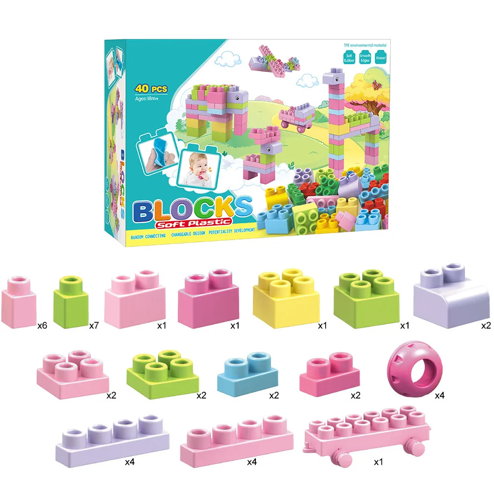 Boîte cadeau de jouets d'apprentissage en plastique souple, blocs de construction, cadeau, 0-3 ans, 527551, 40 pièces, 60 pièces